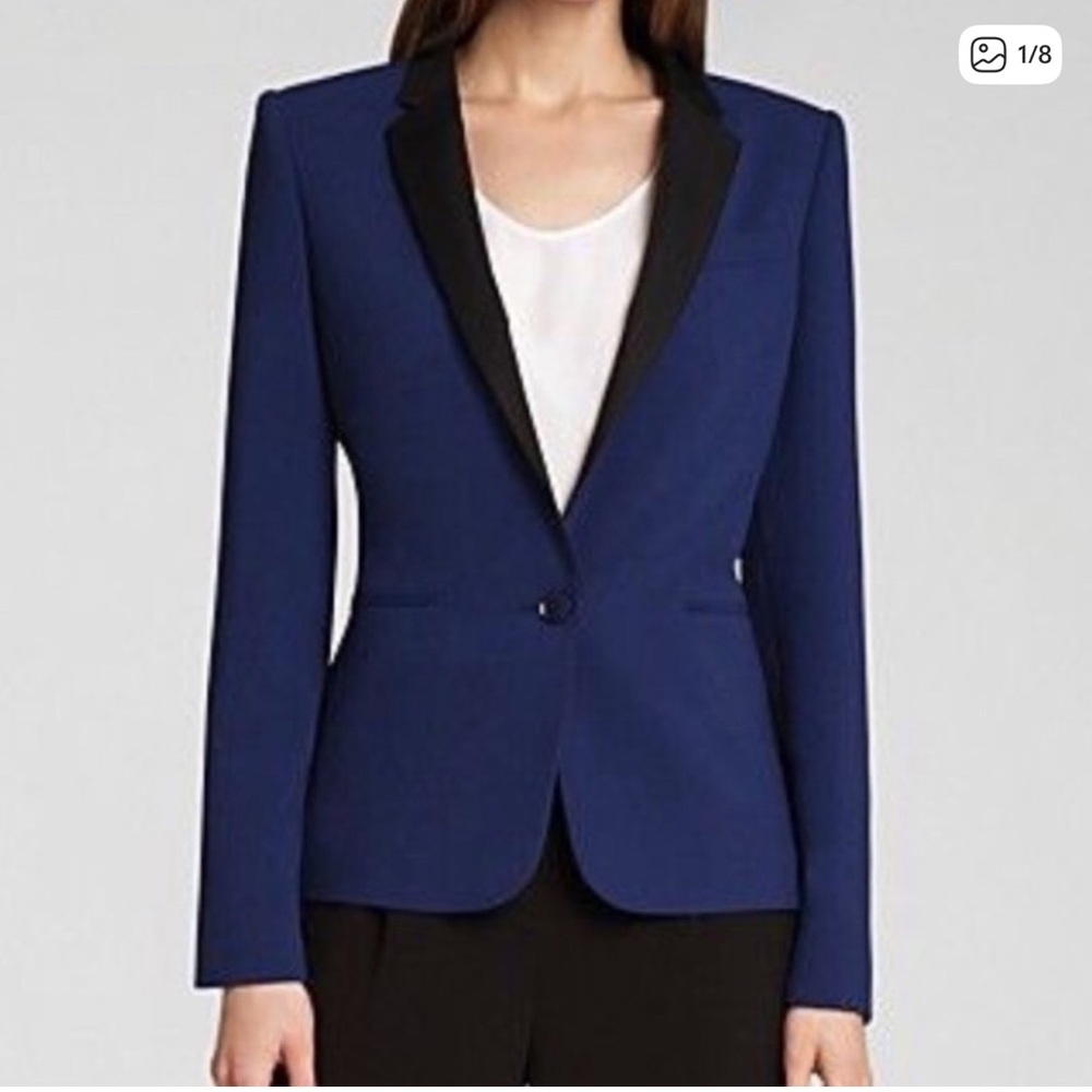 BCBGMaxAzria Blue Tuxedo Jacket with Contrasting Black Trim S